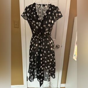 MSK Black Midi Wrap Dress with White Polka Dots
